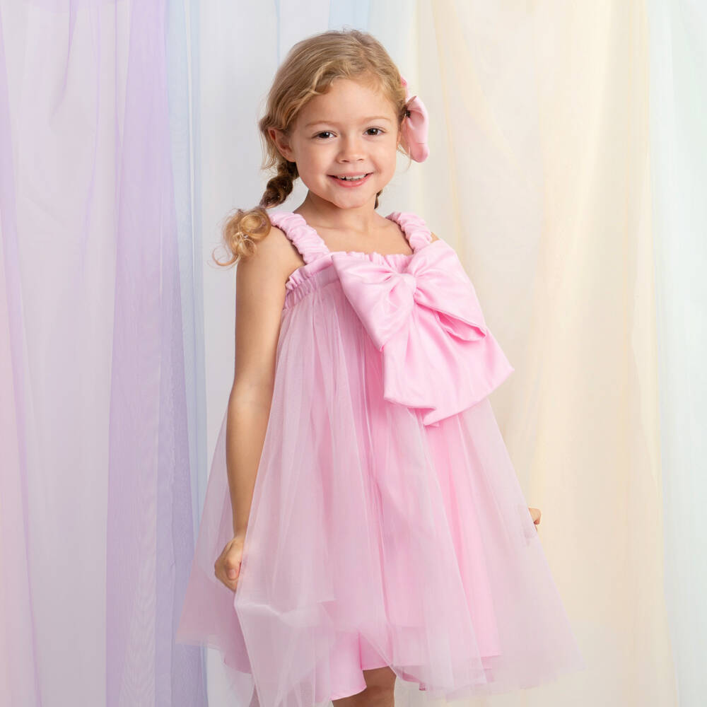 Caramelo Kids-Girls Pastel Pink Tulle Dress Set with Bow | Childrensalon Outlet