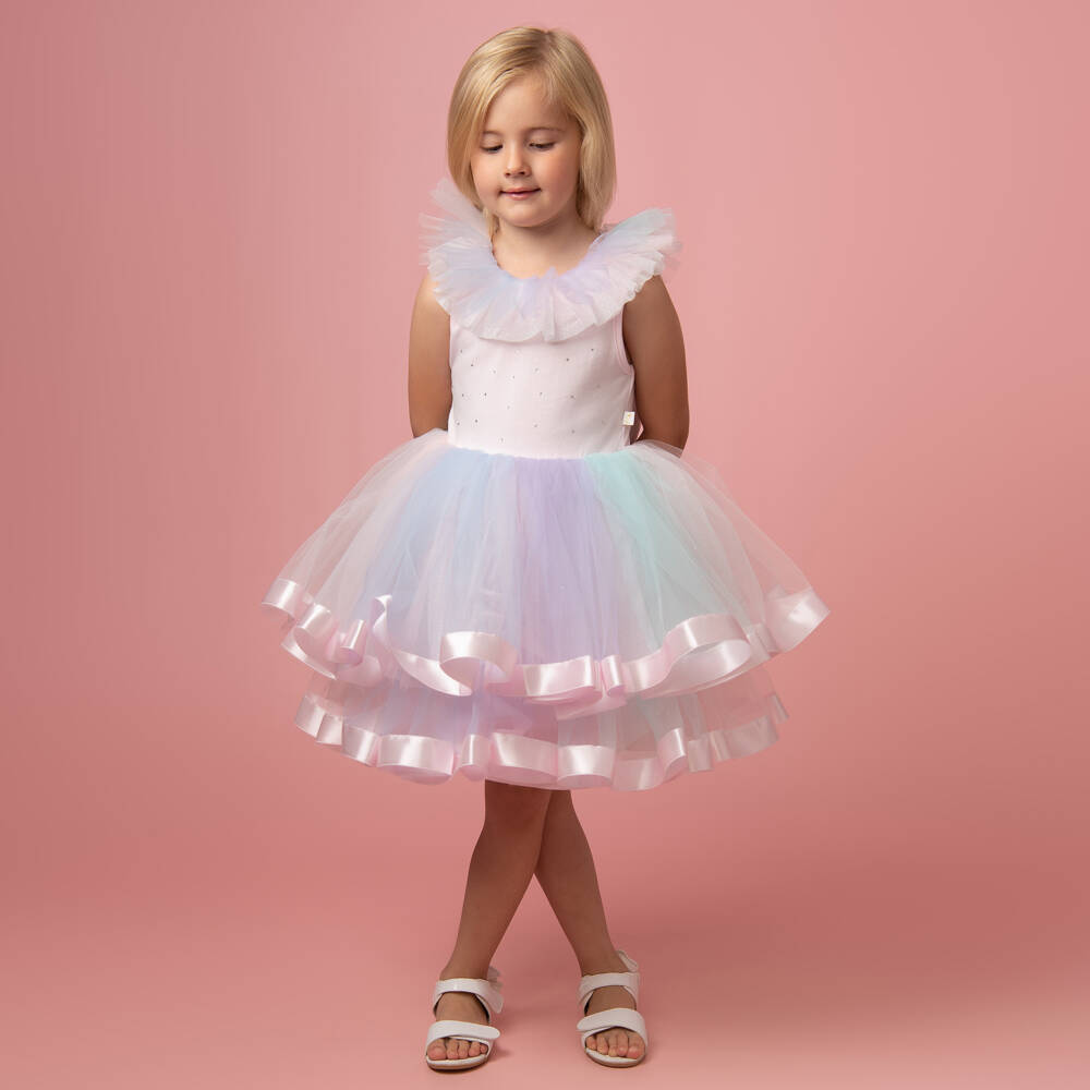 Caramelo Kids-Girls Pastel Rainbow Tulle Dress | Childrensalon Outlet