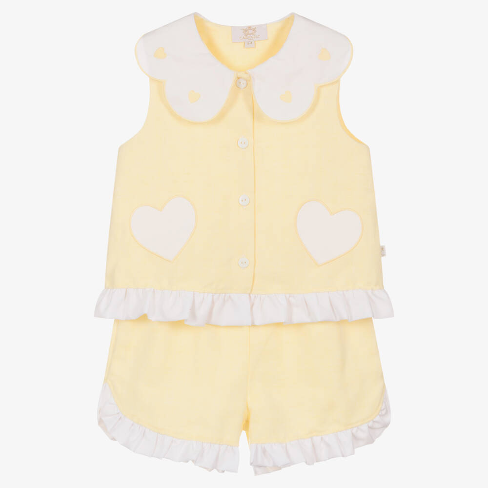 Caramelo Kids-Girls Pastel Yellow Cotton & Linen Shorts Set | Childrensalon Outlet