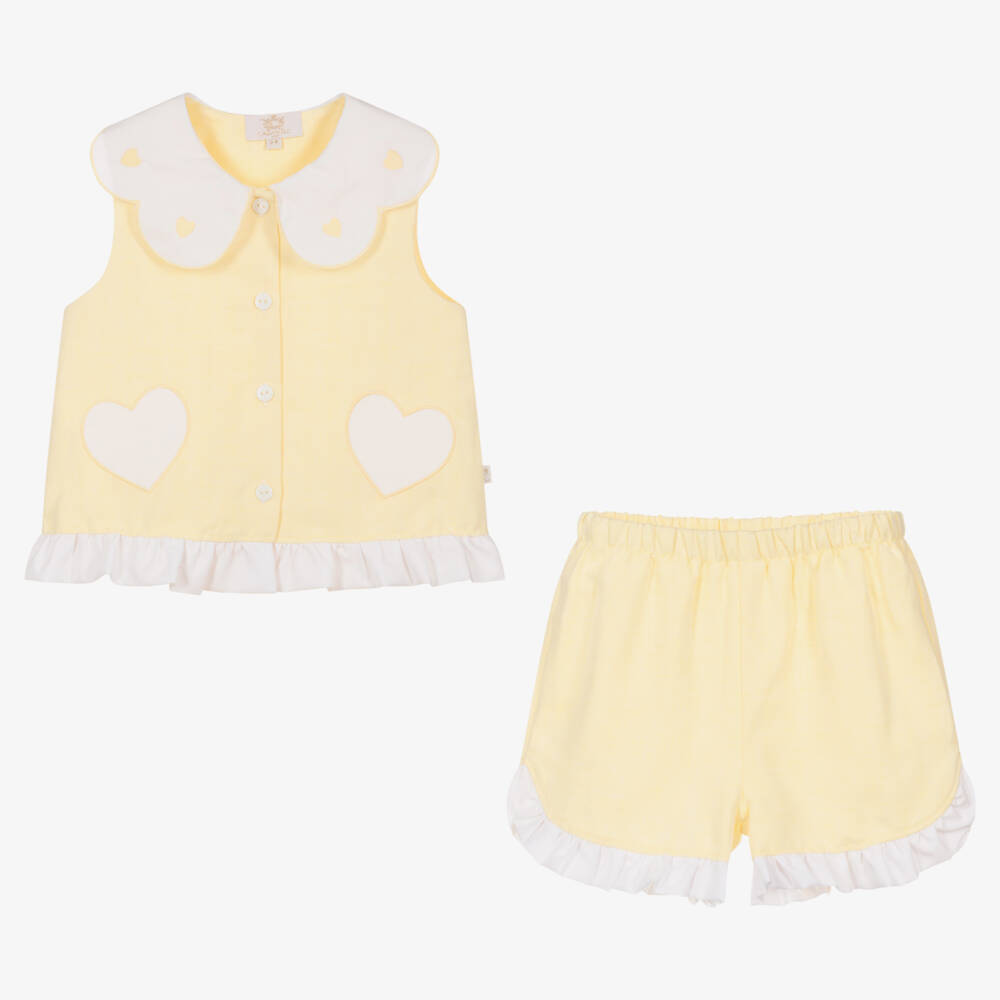 Caramelo Kids-Girls Pastel Yellow Cotton & Linen Shorts Set | Childrensalon Outlet
