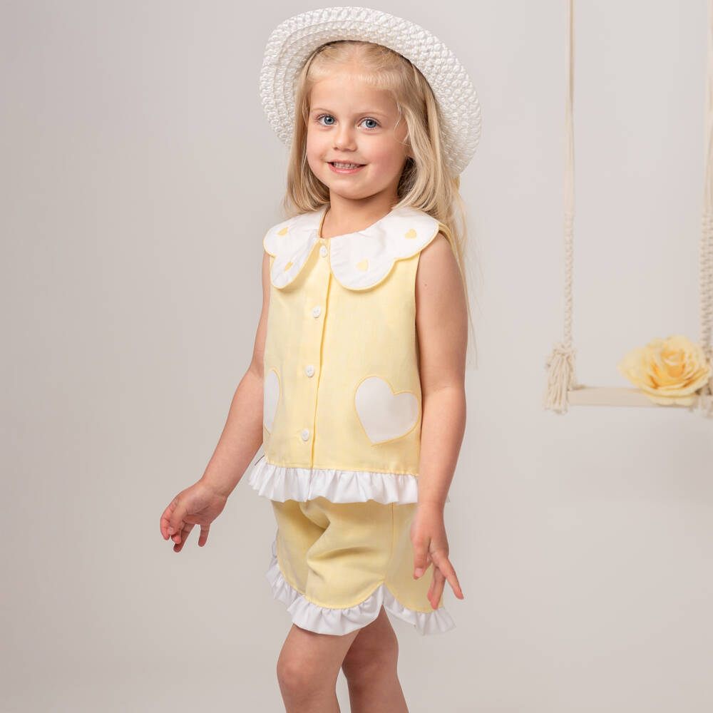 Caramelo Kids-Girls Pastel Yellow Cotton & Linen Shorts Set | Childrensalon Outlet