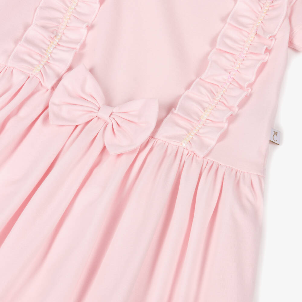 Caramelo Kids-Girls Pink Cotton Jersey Dress with Sequin Ruffles | Childrensalon Outlet