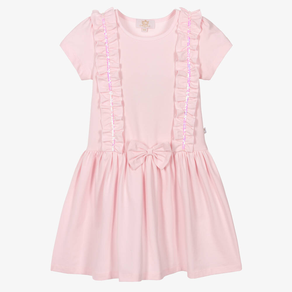 Caramelo Kids-Girls Pink Cotton Jersey Dress with Sequin Ruffles | Childrensalon Outlet