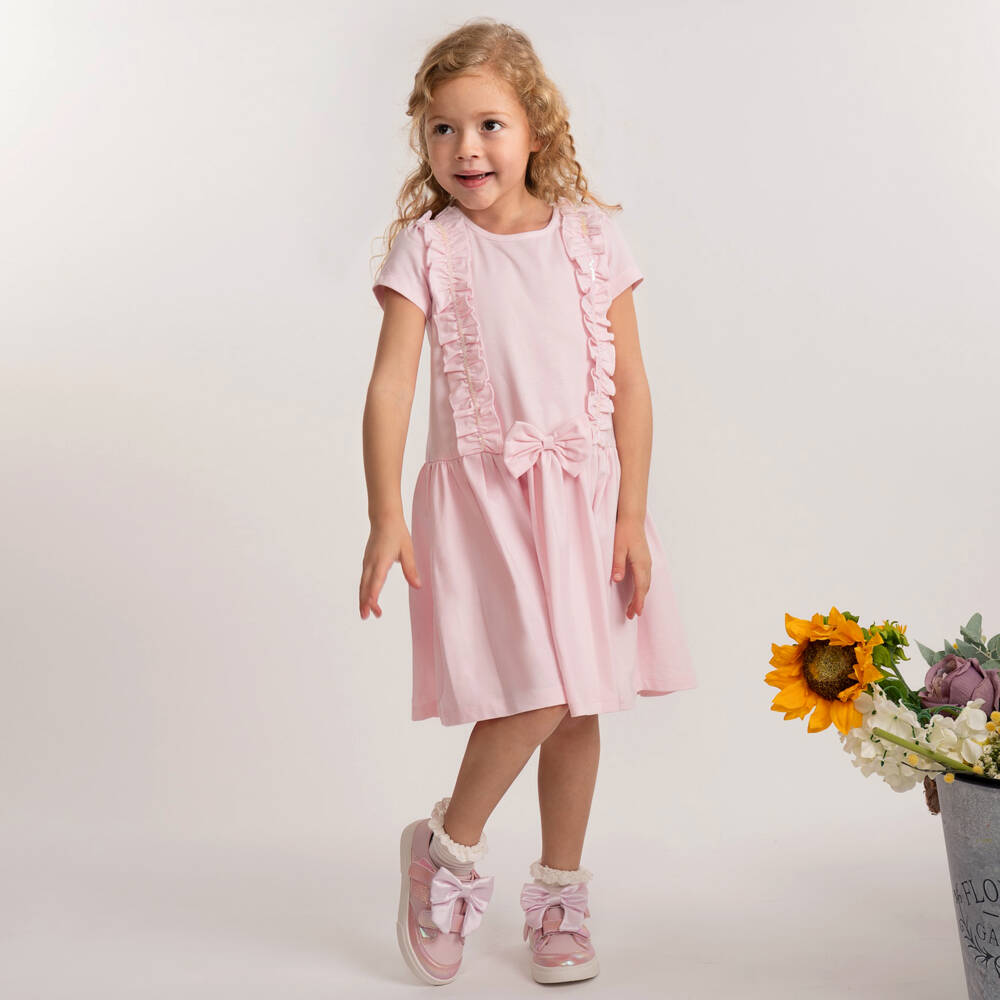 Caramelo Kids-Girls Pink Cotton Jersey Dress with Sequin Ruffles | Childrensalon Outlet