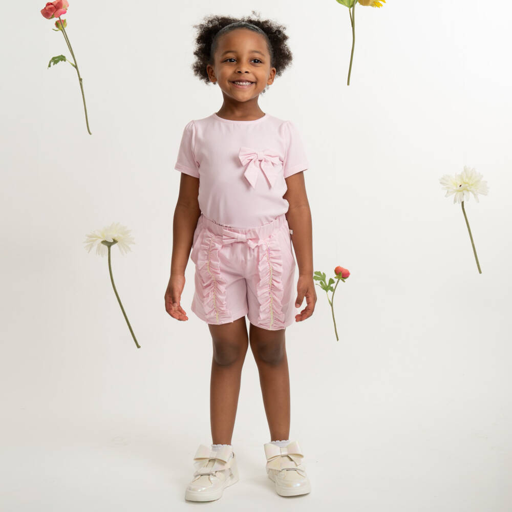 Caramelo Kids-Girls Pink Cotton Jersey Shorts Set with Sequinned Ruffles | Childrensalon Outlet