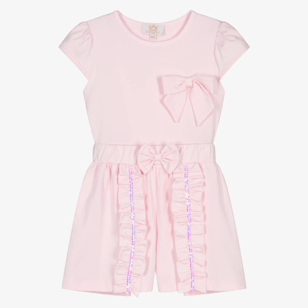 Caramelo Kids-Girls Pink Cotton Jersey Shorts Set with Sequinned Ruffles | Childrensalon Outlet