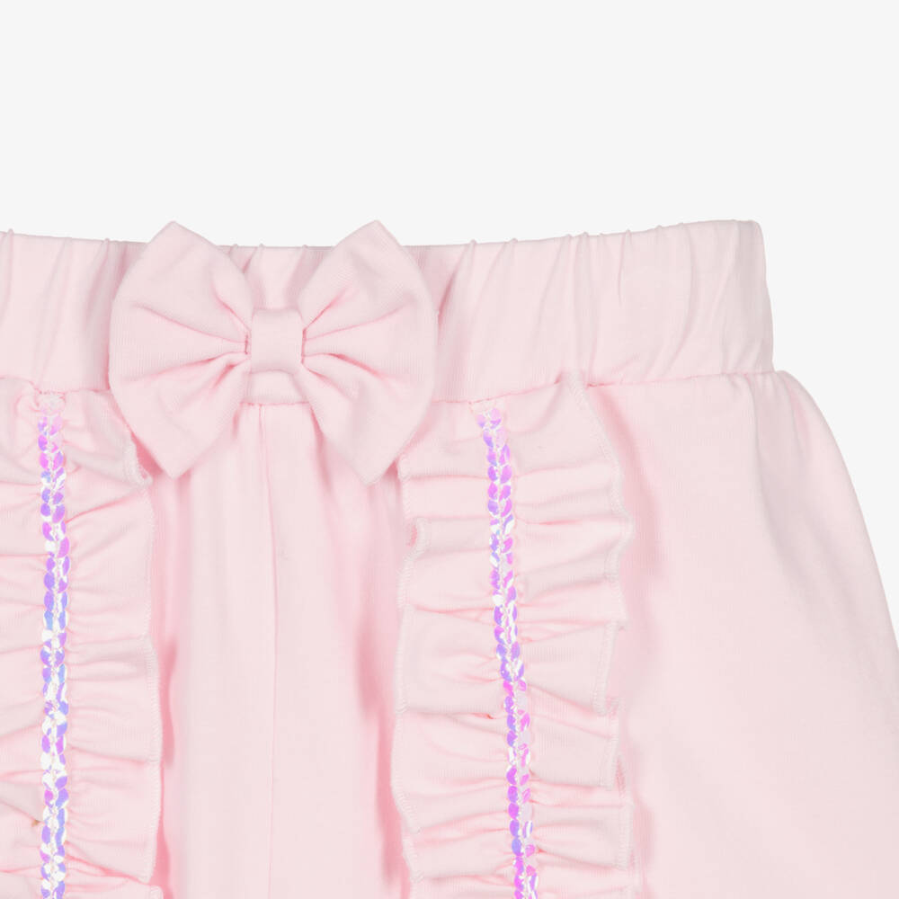 Caramelo Kids-Girls Pink Cotton Jersey Shorts Set with Sequinned Ruffles | Childrensalon Outlet