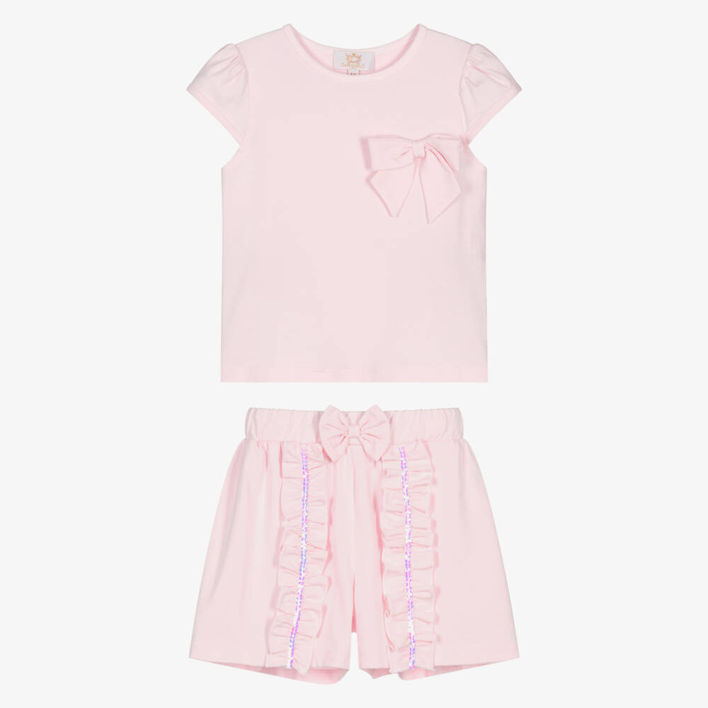 Caramelo Kids-Girls Pink Cotton Jersey Shorts Set with Sequinned Ruffles | Childrensalon Outlet