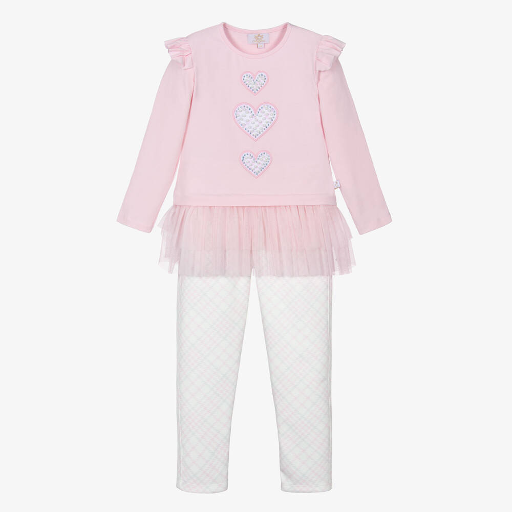 Caramelo Kids-Girls Pink Cotton Leggings Set with Heart Motifs | Childrensalon Outlet