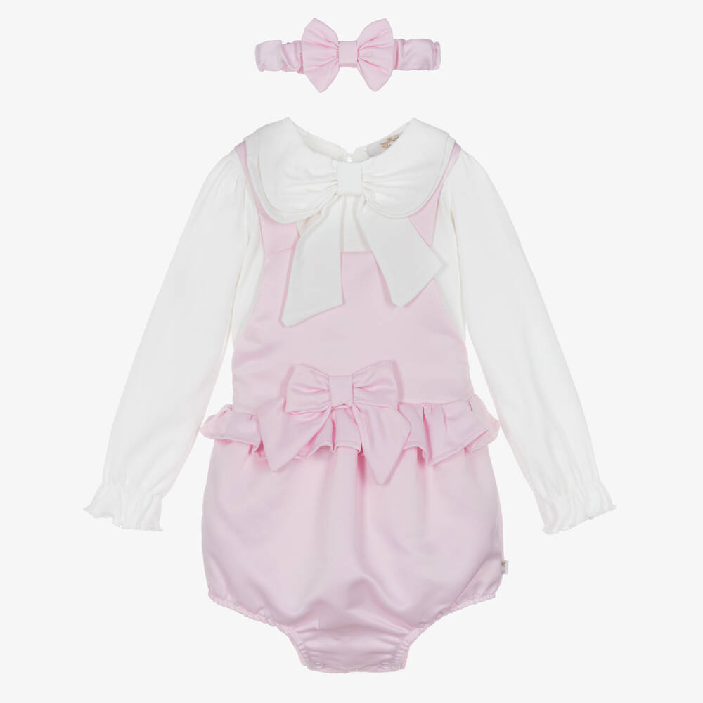 Caramelo Kids-Girls Pink Dungaree Babysuit Set with Bow Headband | Childrensalon Outlet