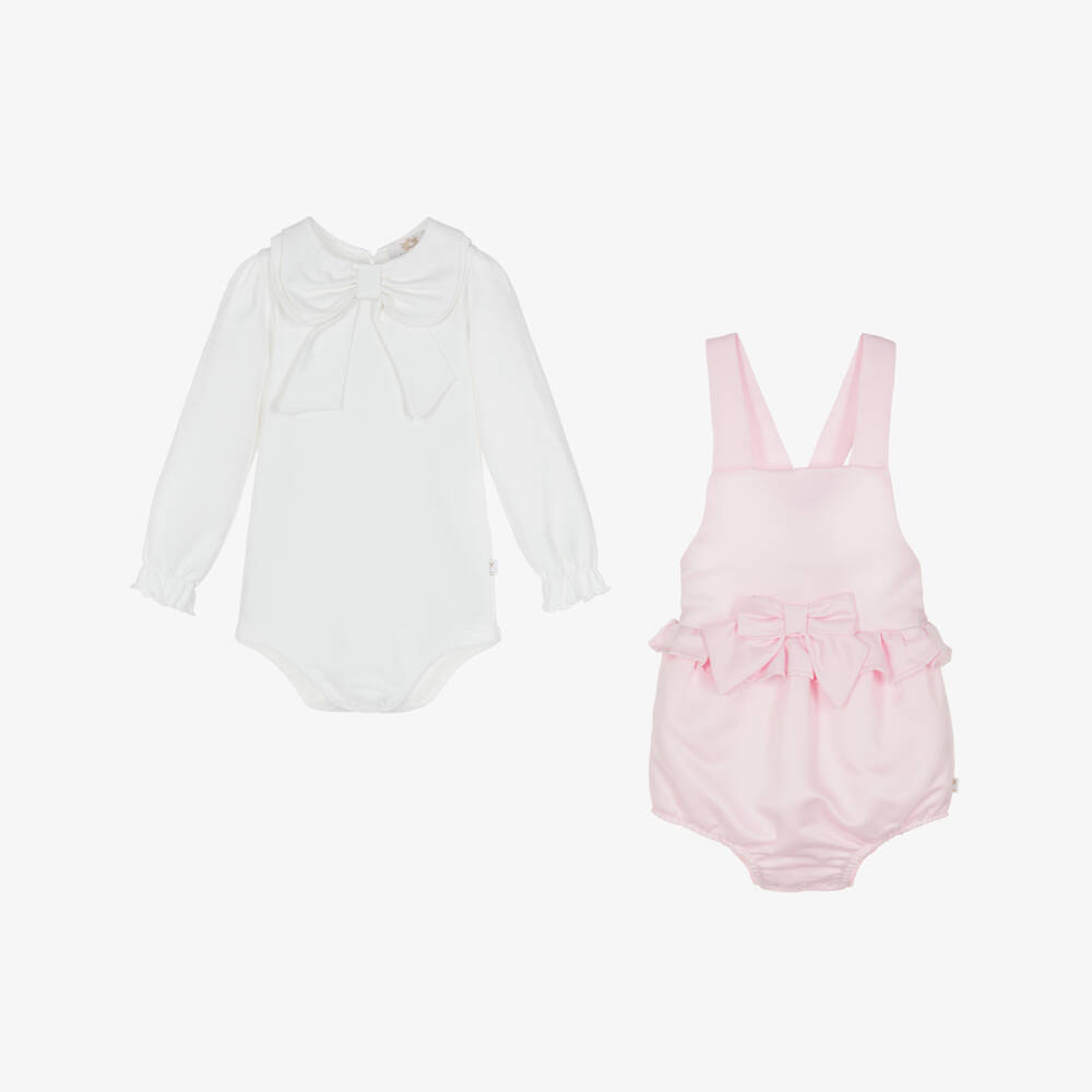 Caramelo Kids-Girls Pink Dungaree Babysuit Set with Bow Headband | Childrensalon Outlet