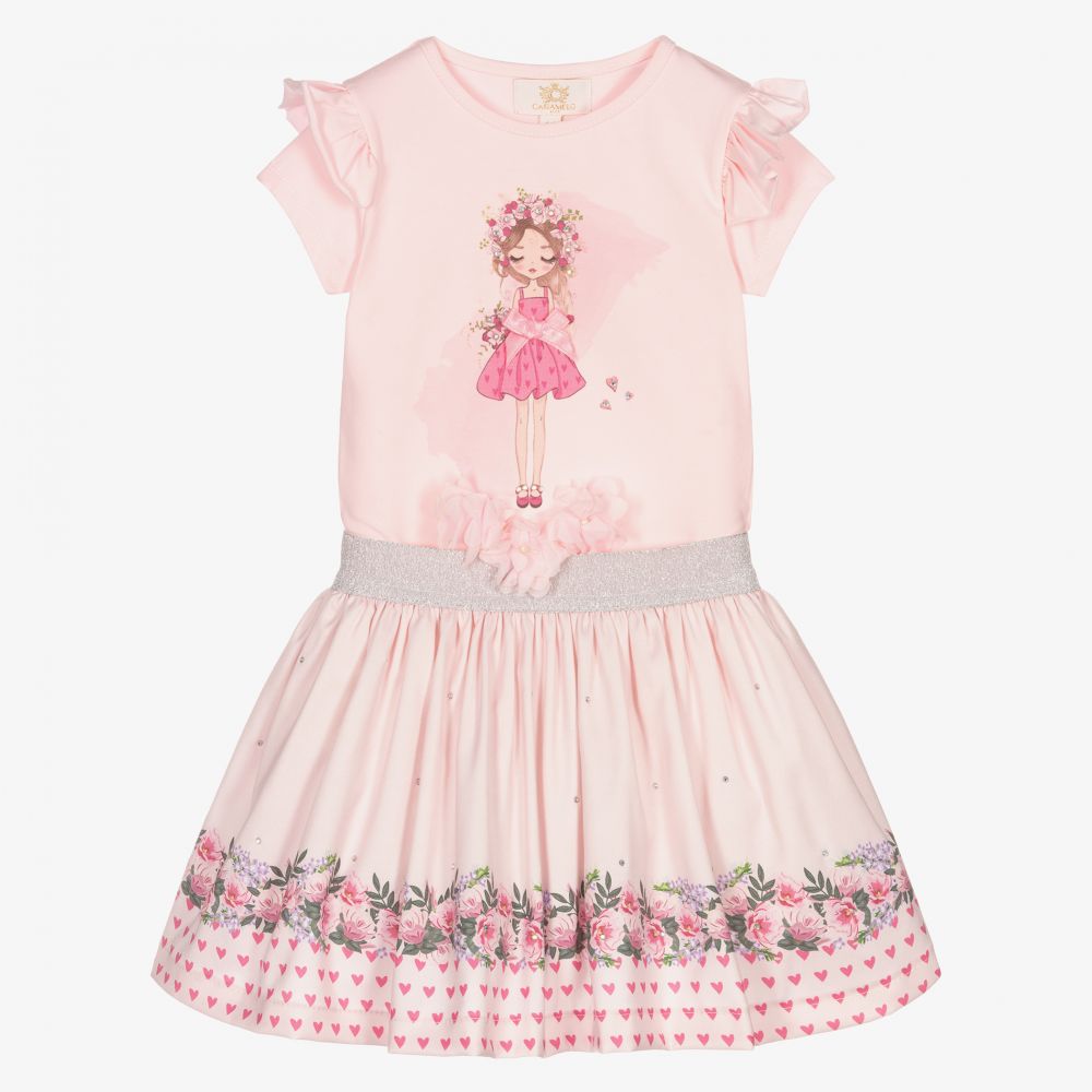 Caramelo Kids - Girls Pink Flower Skirt Set  | Childrensalon