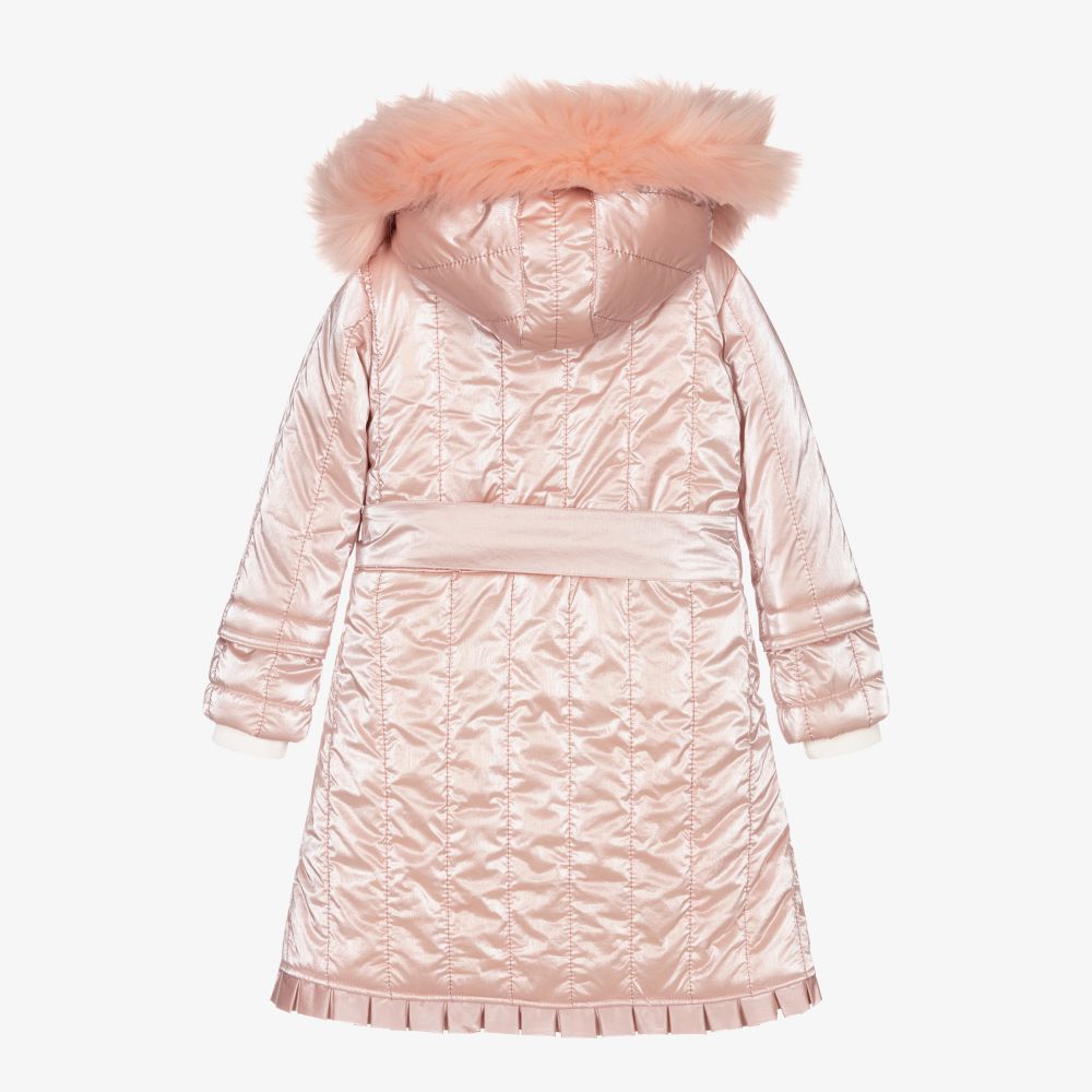 Caramelo Kids-معطف مزين بفرو صناعي لون زهري للبنات | Childrensalon Outlet