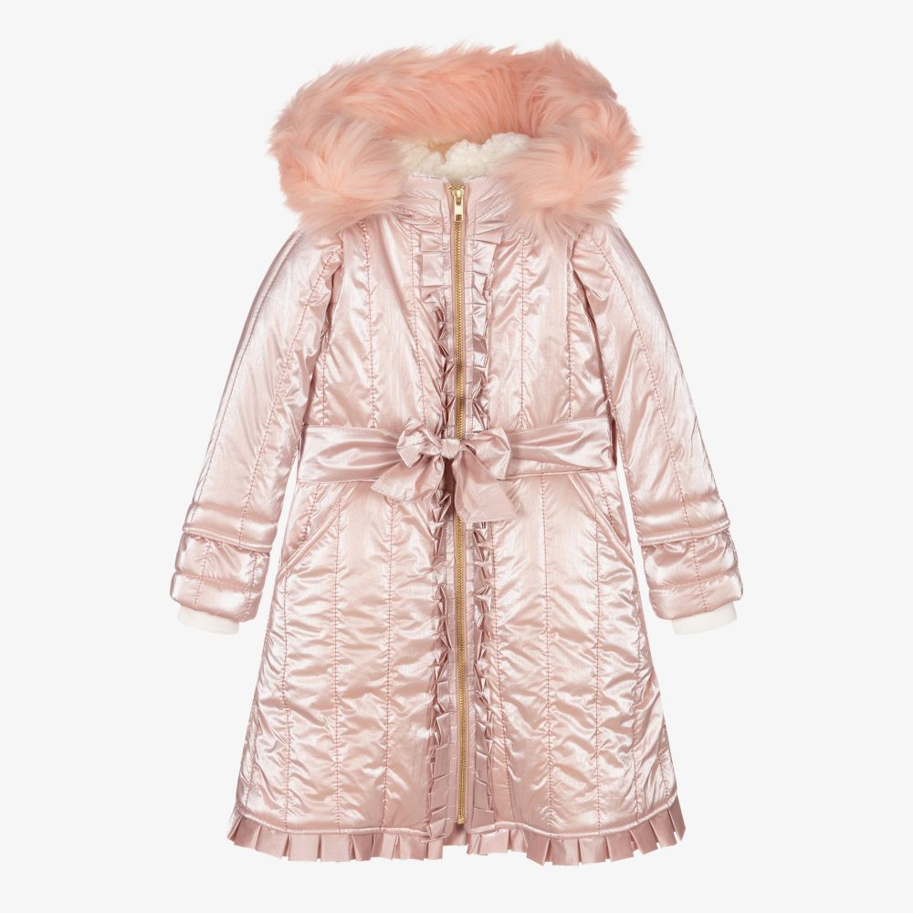 Caramelo Kids - Girls Pink Fur Trimmed Coat | Childrensalon