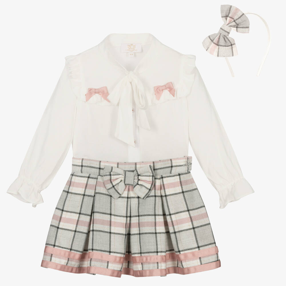 Caramelo Kids - Girls Pink & Grey Check Skirt Set  | Childrensalon