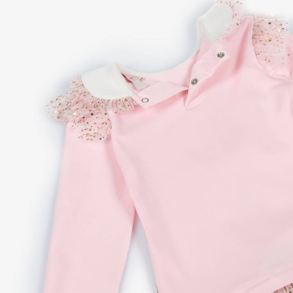 كاراميلو كيدز -Girls Pink Jersey & Tulle Leggings Set with Gold Dots | Childrensalon Outlet