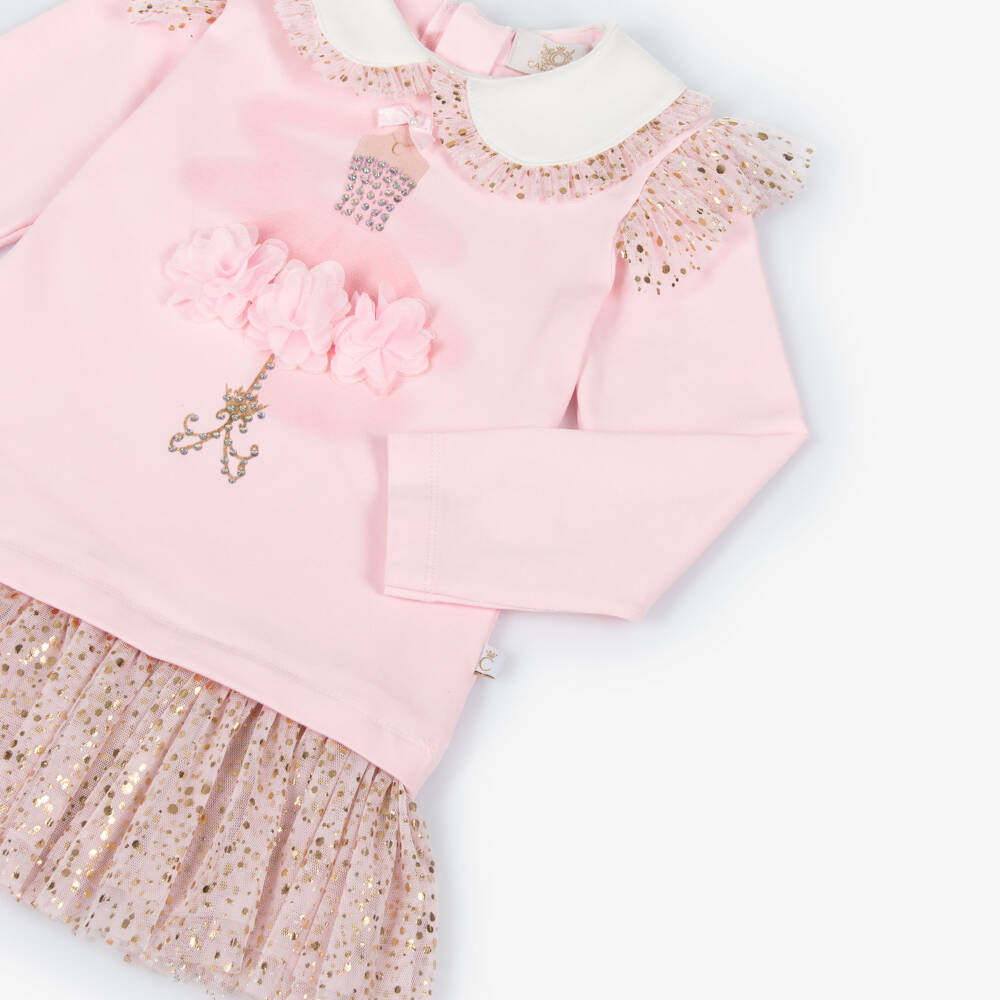 كاراميلو كيدز -Girls Pink Jersey & Tulle Leggings Set with Gold Dots | Childrensalon Outlet