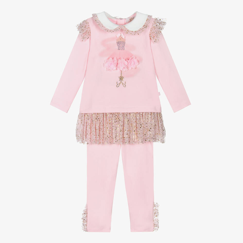 Caramelo Kids-Girls Pink Jersey & Tulle Leggings Set with Gold Dots | Childrensalon Outlet