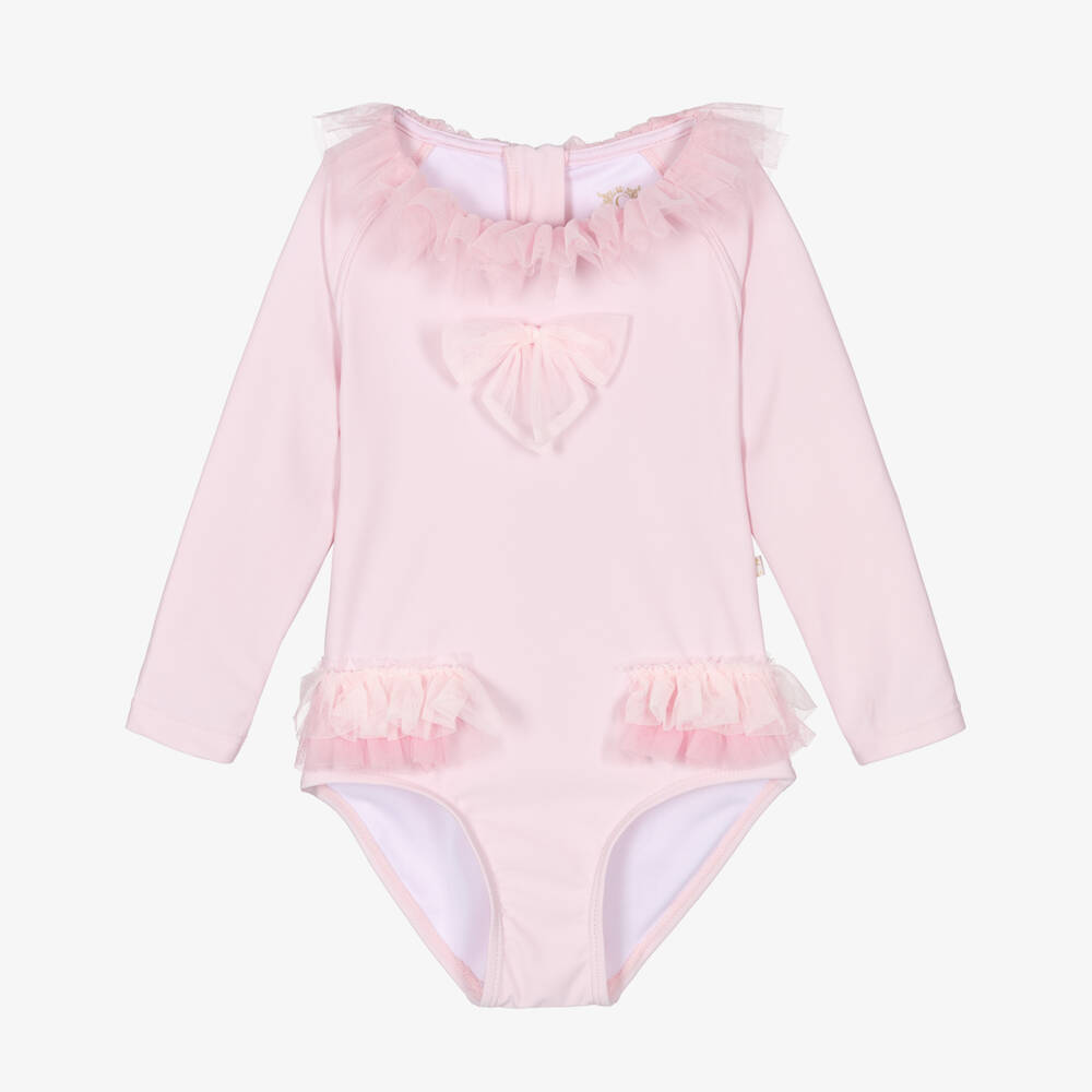Caramelo Kids-Girls Pink Ruffle Long Sleeve Swimsuit | Childrensalon Outlet