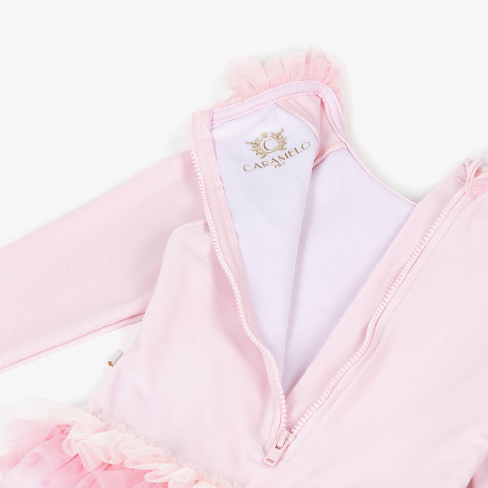 Caramelo Kids-Girls Pink Ruffle Long Sleeve Swimsuit | Childrensalon Outlet