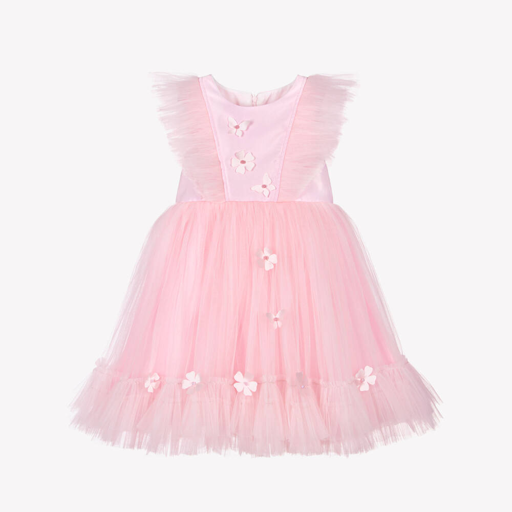 Caramelo Kids-Girls Pink Satin & Tulle Dress with Flowers | Childrensalon Outlet