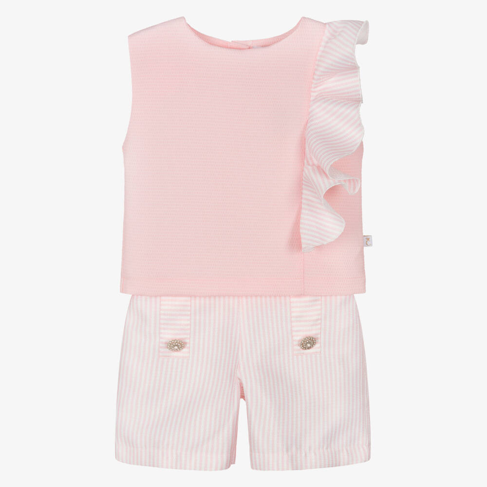 Caramelo Kids-Girls Pink Striped Shorts Set with Jewelled Buttons | Childrensalon Outlet
