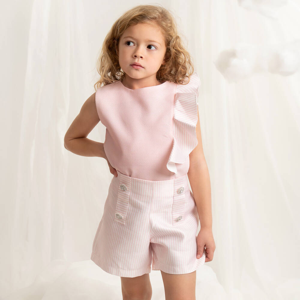 Caramelo Kids-Girls Pink Striped Shorts Set with Jewelled Buttons | Childrensalon Outlet