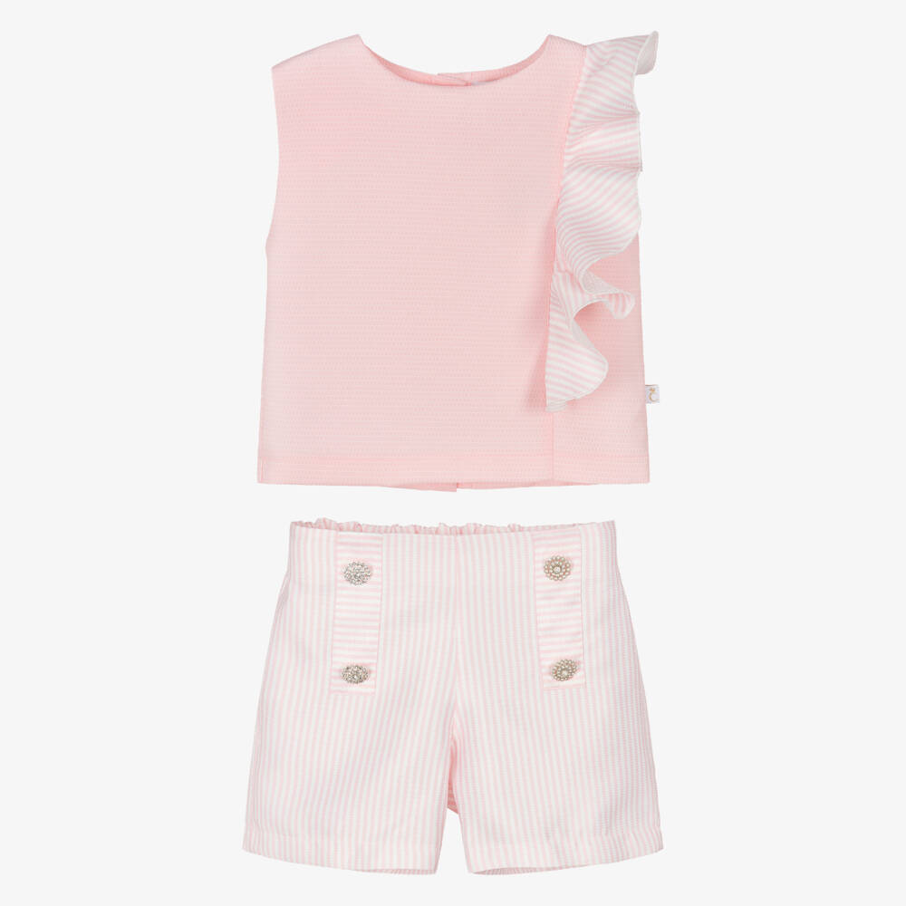 Caramelo Kids-Girls Pink Striped Shorts Set with Jewelled Buttons | Childrensalon Outlet