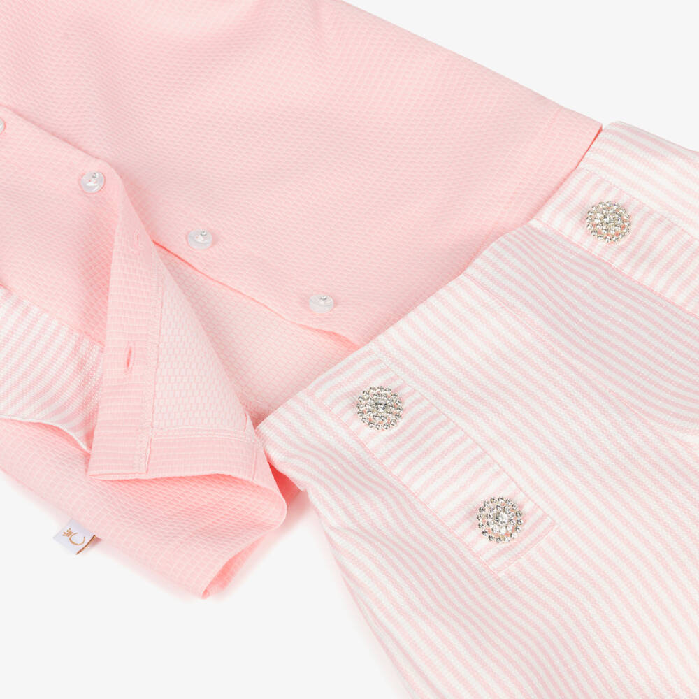 Caramelo Kids-Girls Pink Striped Shorts Set with Jewelled Buttons | Childrensalon Outlet