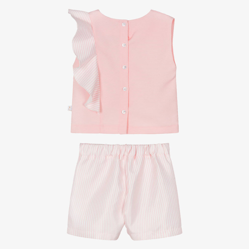 Caramelo Kids-Girls Pink Striped Shorts Set with Jewelled Buttons | Childrensalon Outlet