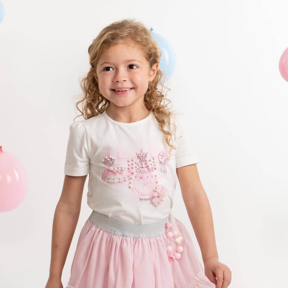 Caramelo Kids-Girls Pink Tulle Skirt Set with Frills, Pearls & Diamantés | Childrensalon Outlet