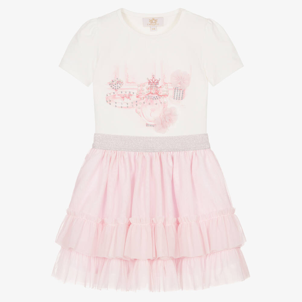 Caramelo Kids-Girls Pink Tulle Skirt Set with Frills, Pearls & Diamantés | Childrensalon Outlet