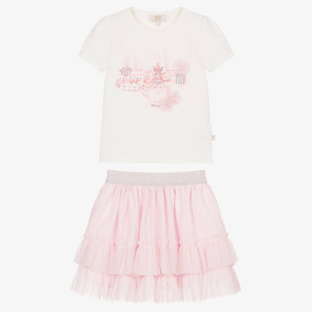 Caramelo Kids-Girls Pink Tulle Skirt Set with Frills, Pearls & Diamantés | Childrensalon Outlet