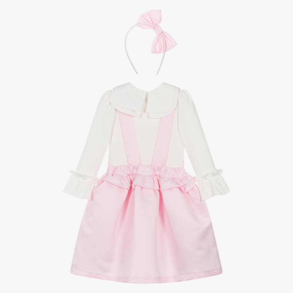 Caramelo Kids-Girls Pink & White Cotton Dress Set with Bow Hairband | Childrensalon Outlet