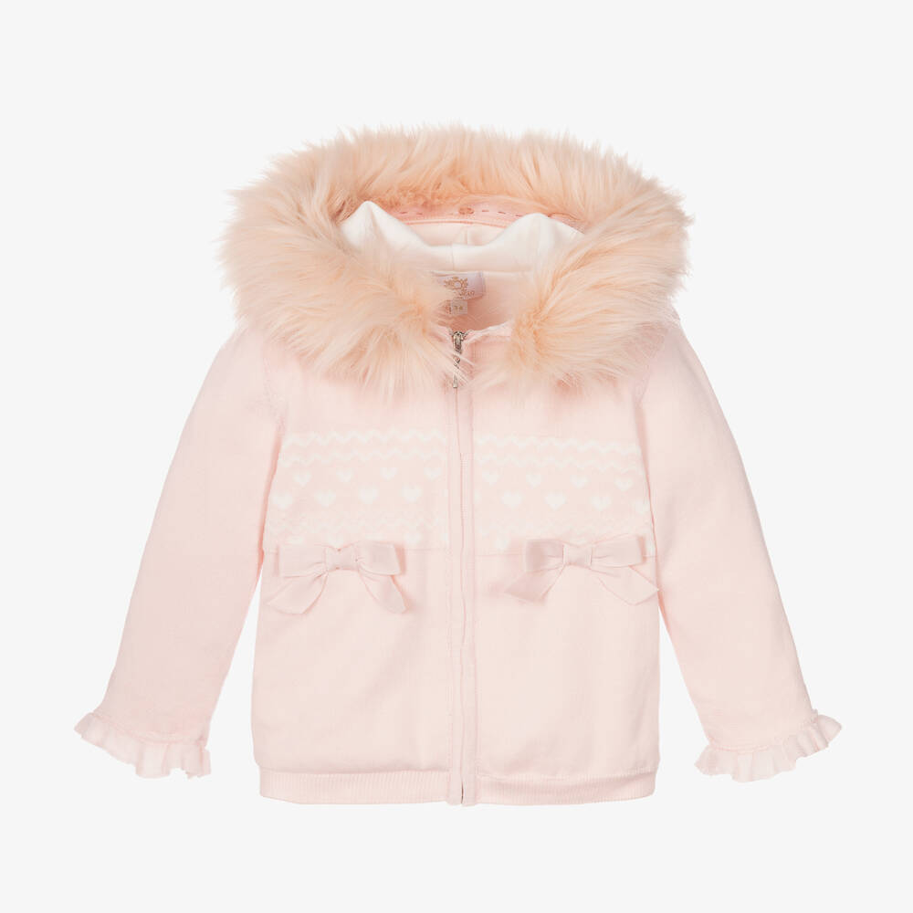 Caramelo Kids - Girls Pink & White Knitted Zip-Up Hoodie | Childrensalon
