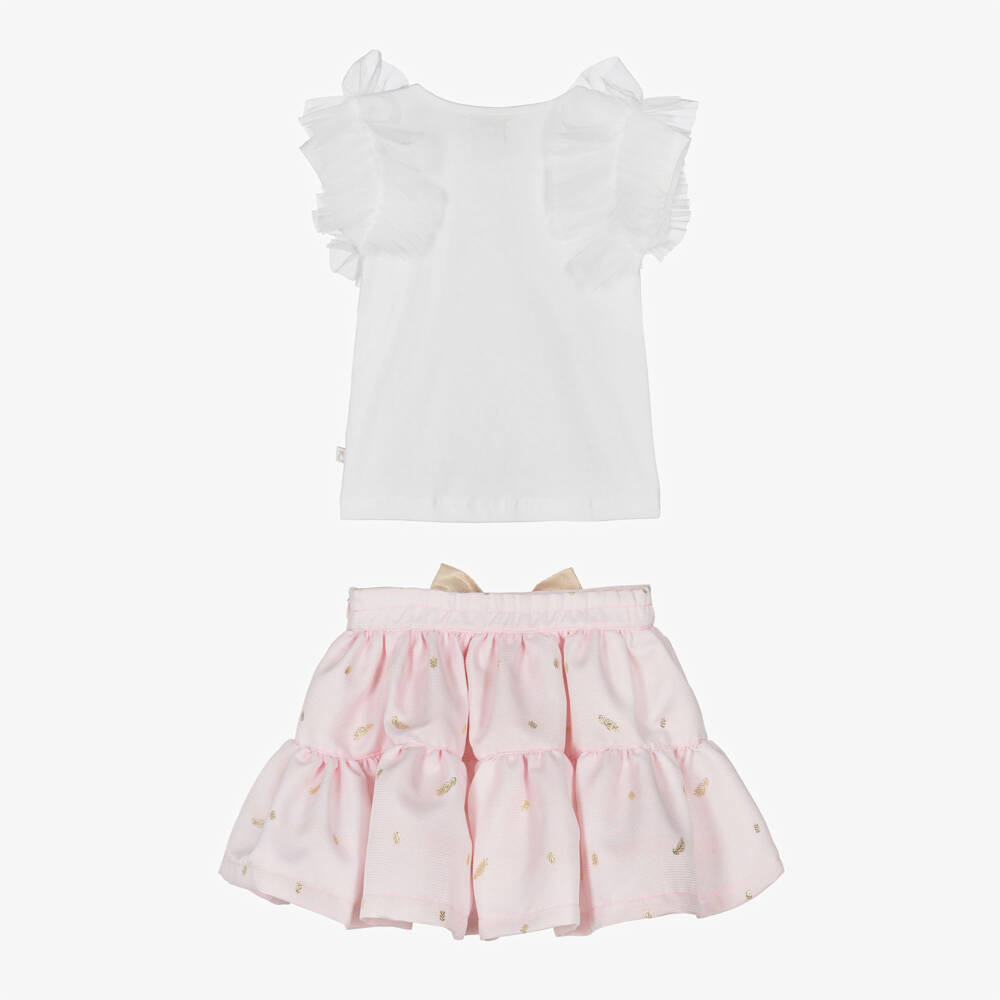 Caramelo Kids-Girls Pink & White Skirt Set with Gold Bow & Tulle Trims | Childrensalon Outlet
