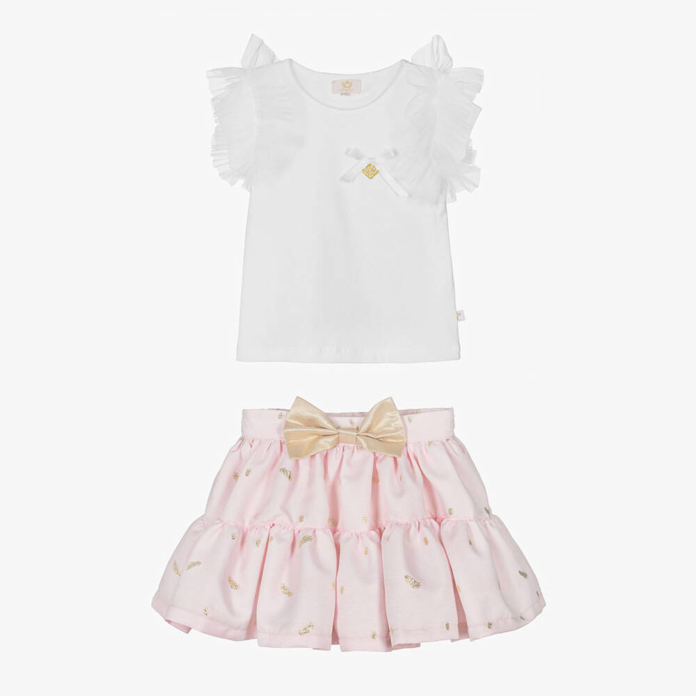 Caramelo Kids-Girls Pink & White Skirt Set with Gold Bow & Tulle Trims | Childrensalon Outlet