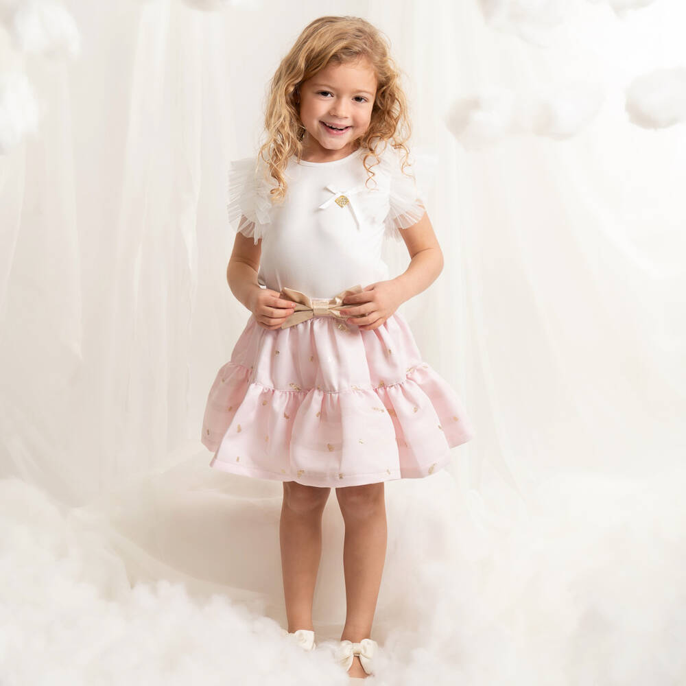Caramelo Kids-Girls Pink & White Skirt Set with Gold Bow & Tulle Trims | Childrensalon Outlet
