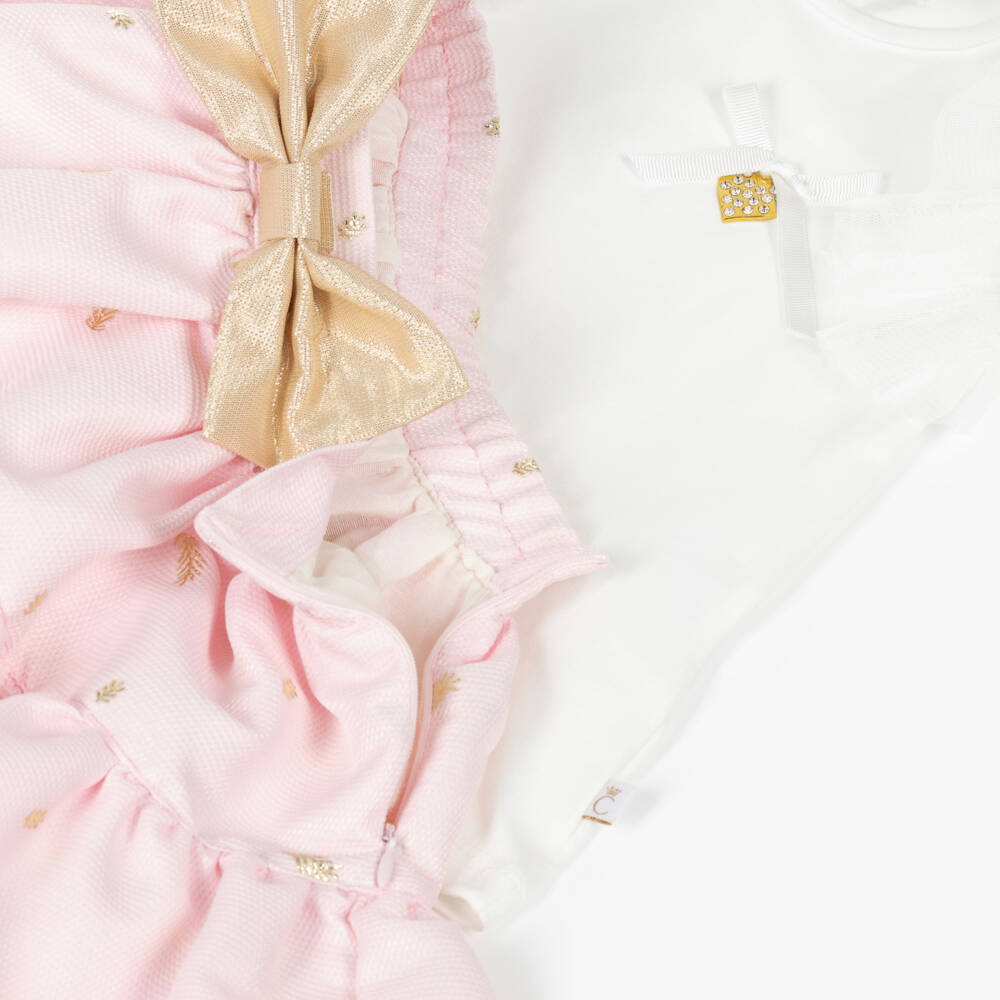Caramelo Kids-Girls Pink & White Skirt Set with Gold Bow & Tulle Trims | Childrensalon Outlet