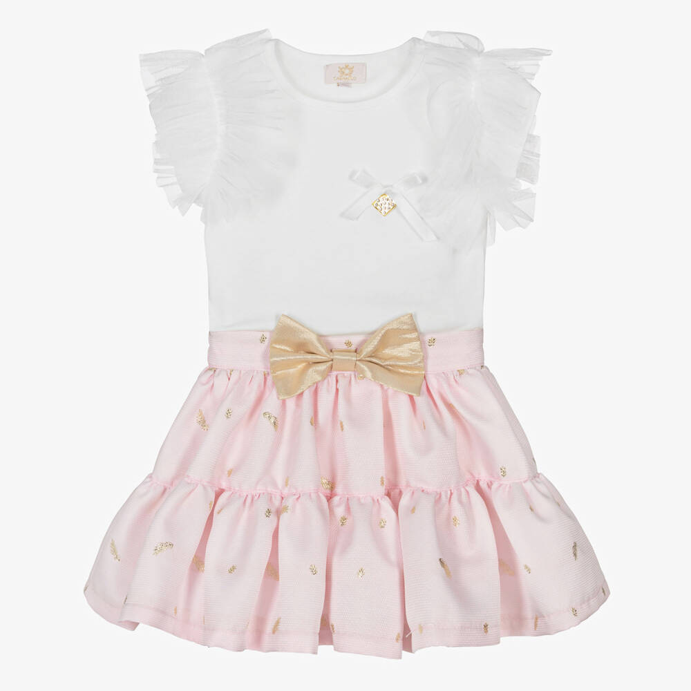 Caramelo Kids-Girls Pink & White Skirt Set with Gold Bow & Tulle Trims | Childrensalon Outlet