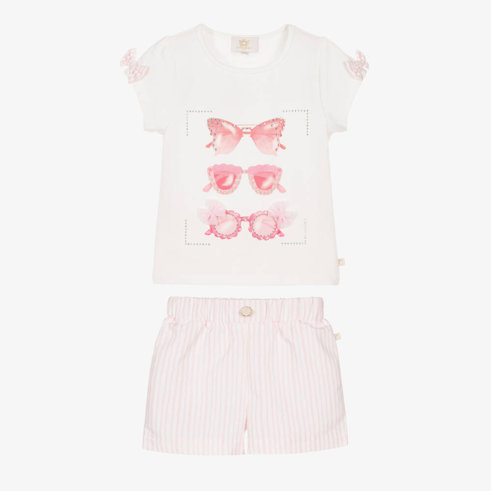 Caramelo Kids-Girls Pink & White Striped Shorts Set with Sunglasses | Childrensalon Outlet