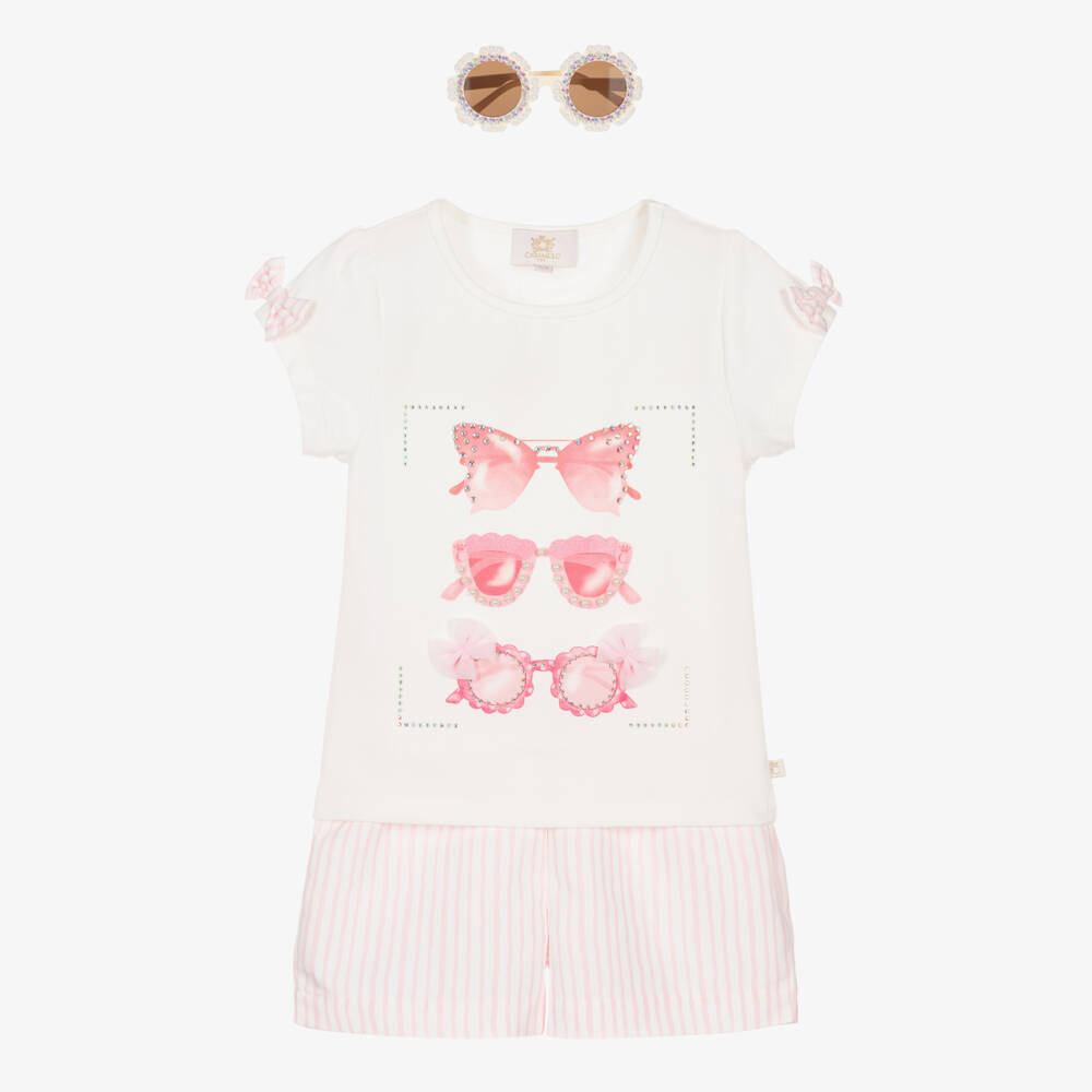 Caramelo Kids-Girls Pink & White Striped Shorts Set with Sunglasses | Childrensalon Outlet