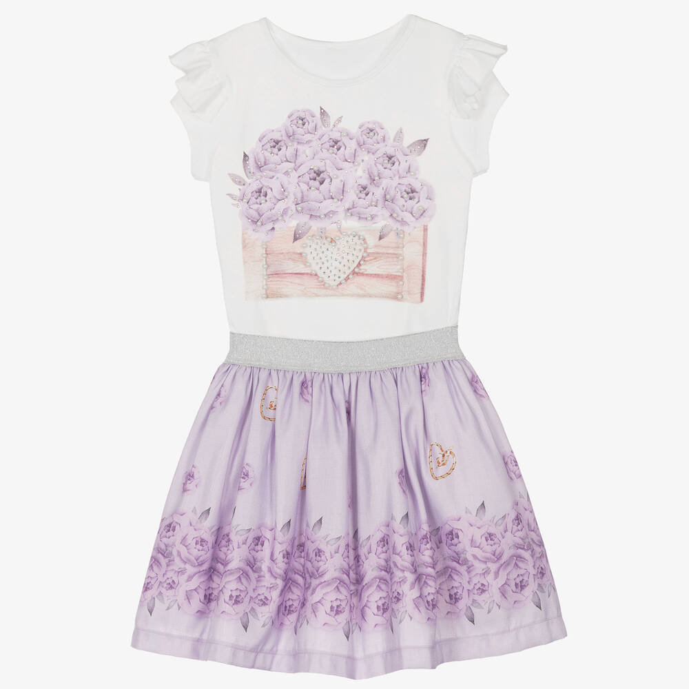Caramelo Kids - Белый топ с цветком и фиолетовая юбка | Childrensalon