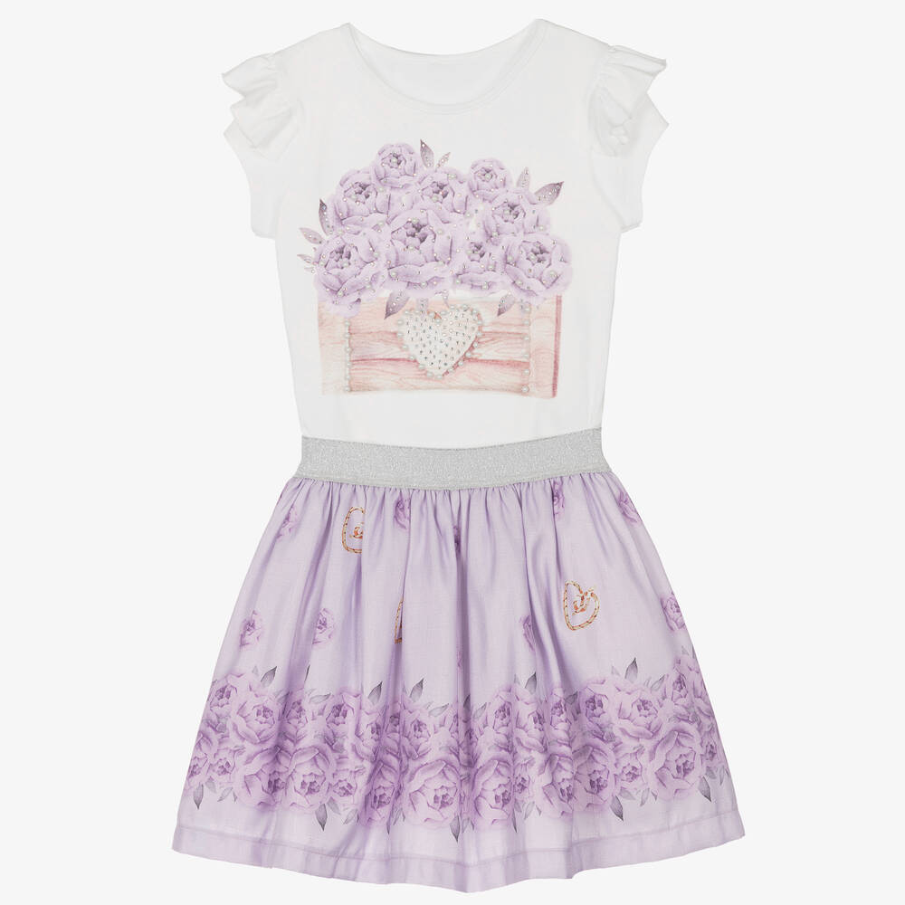 Caramelo Kids - Ensemble jupe blanc et violet fille | Childrensalon