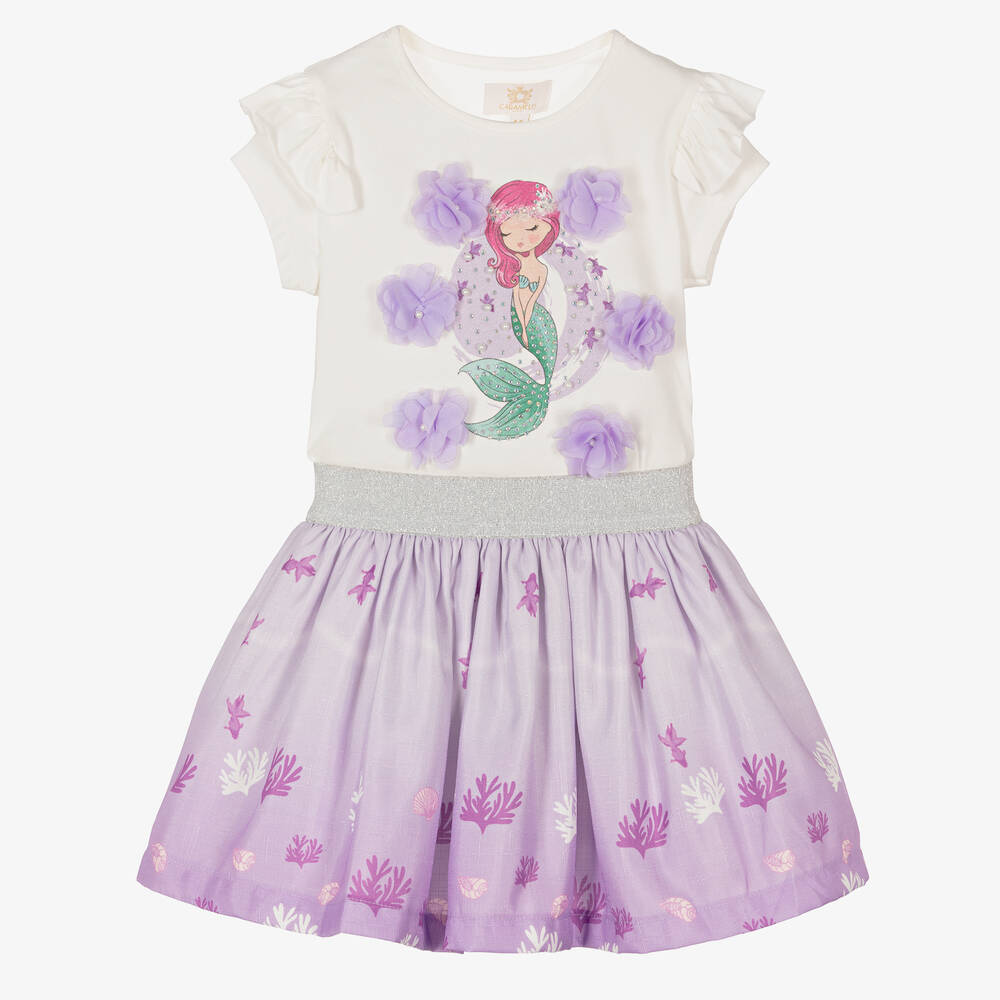 Caramelo Kids - Белый топ с Русалочкой и фиолетовая юбка | Childrensalon