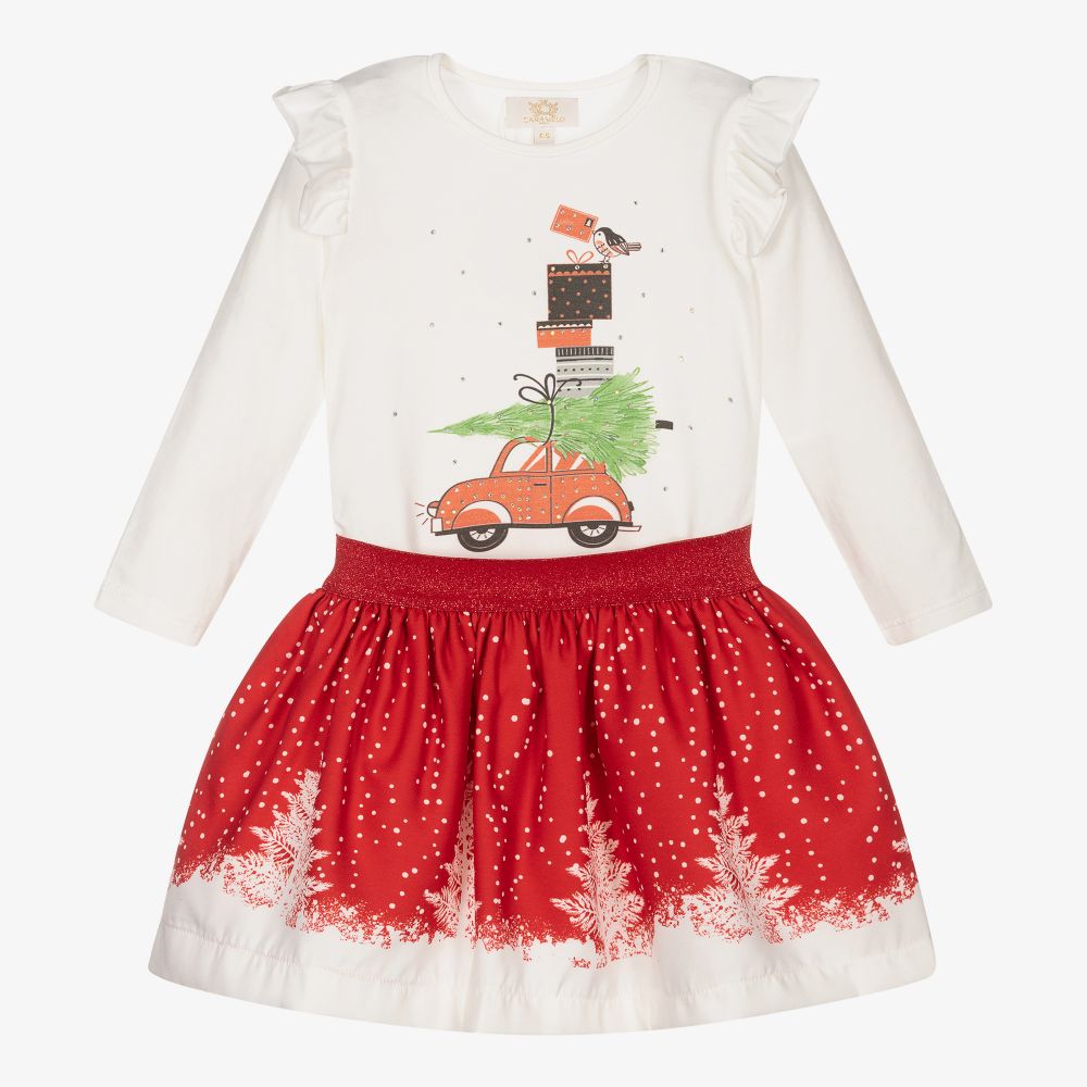 Caramelo Kids - Girls Red Christmas Skirt Set  | Childrensalon