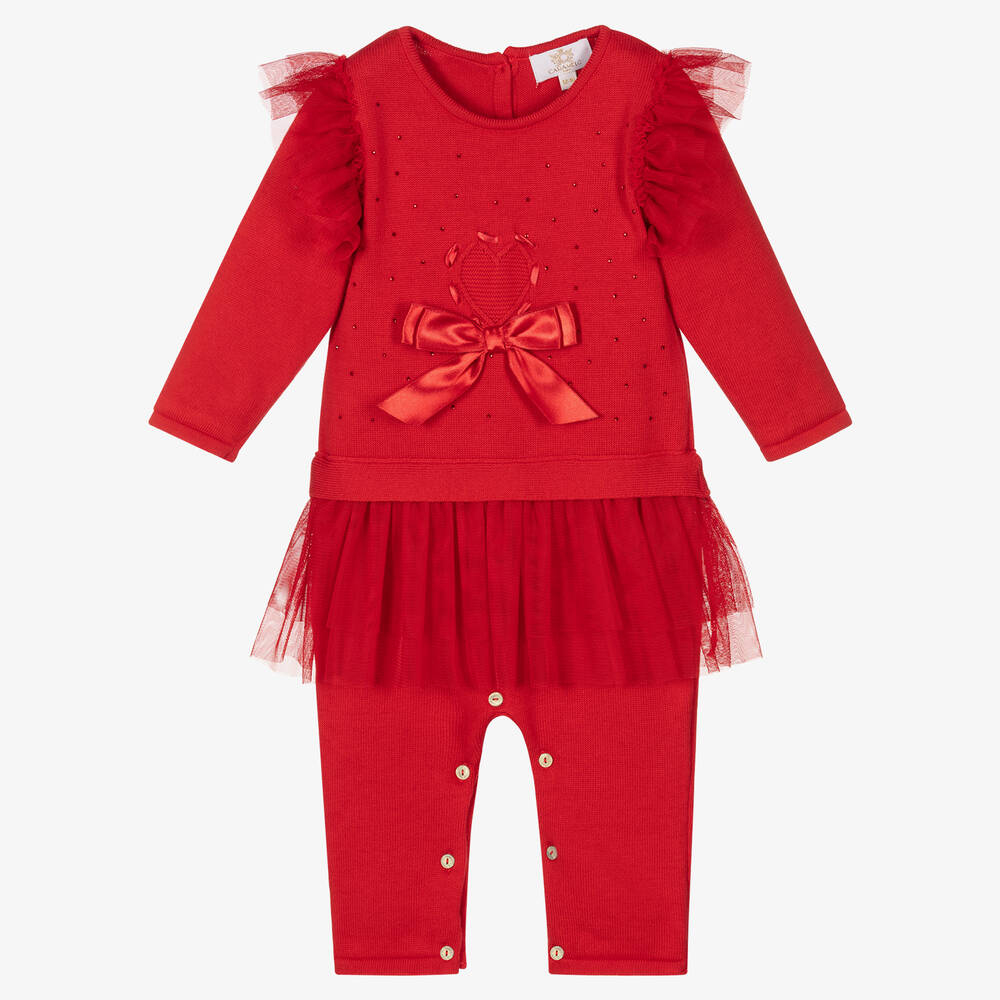 Caramelo Kids - Roter Baumwoll-Overall mit Tüll (M) | Childrensalon