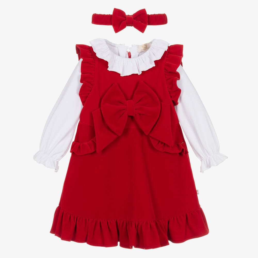 Caramelo Kids-طقم فستان قطن ومخمل لون أحمر للبنات | Childrensalon Outlet