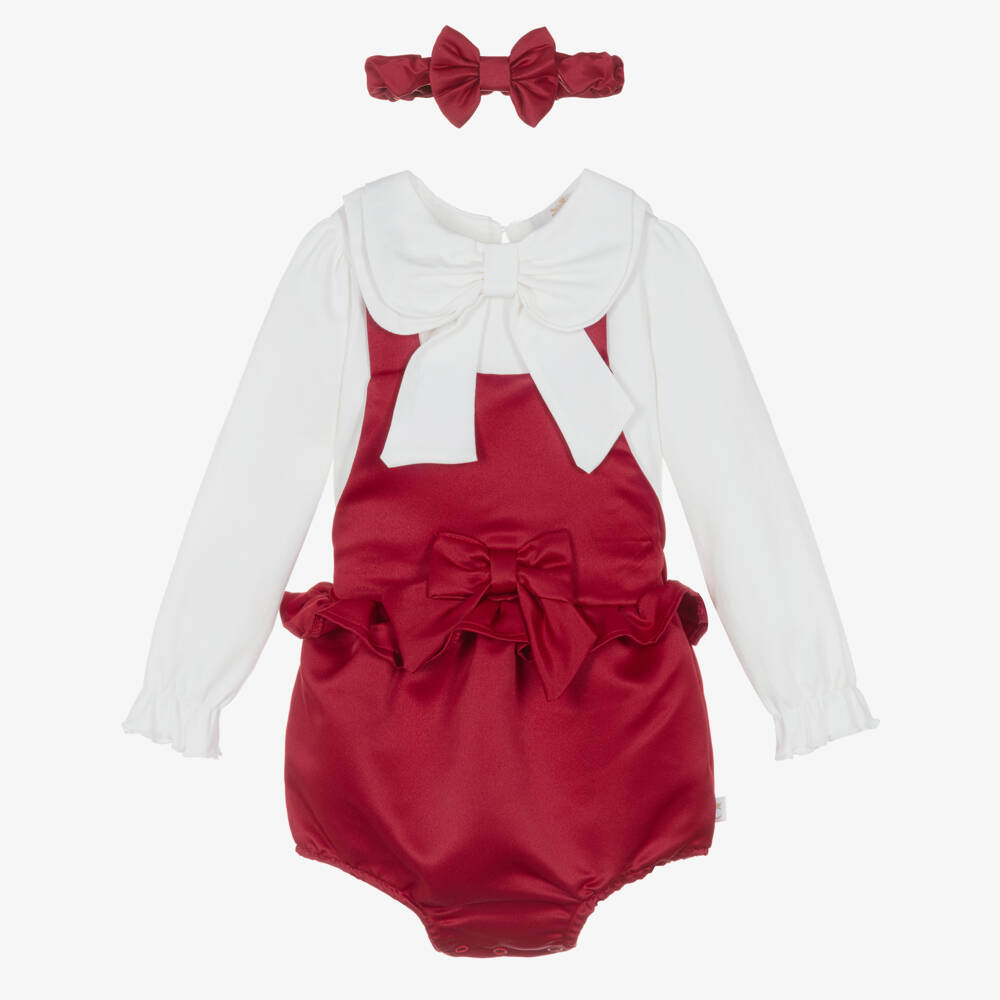 Caramelo Kids-Girls Red Dungaree Babysuit Set with Bow Headband | Childrensalon Outlet