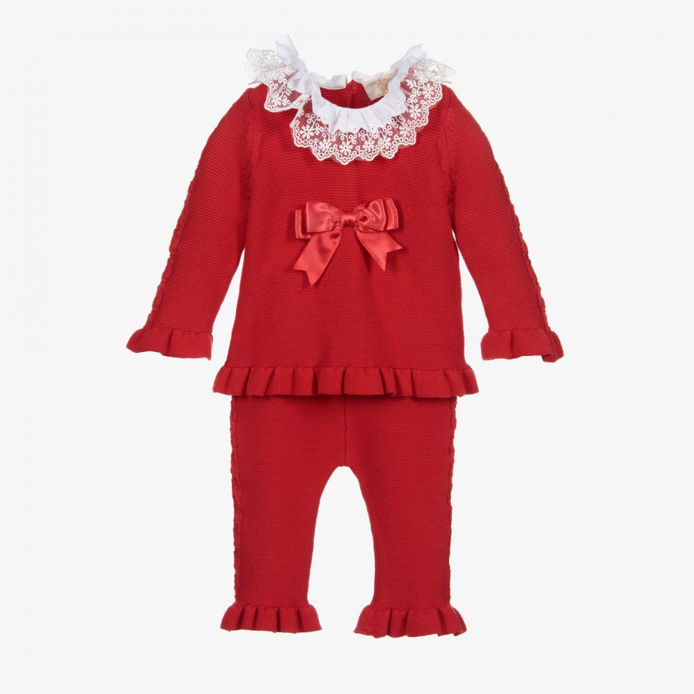 Caramelo Kids - Girls Red Knitted Trouser Set | Childrensalon